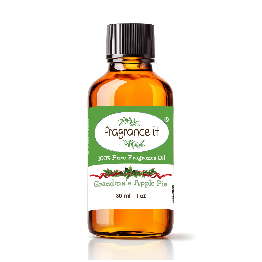 A  1-ounce or 30 milliliter bottle of Fragrance It's holiday themed Grandma's Apple Pie aroma oil.