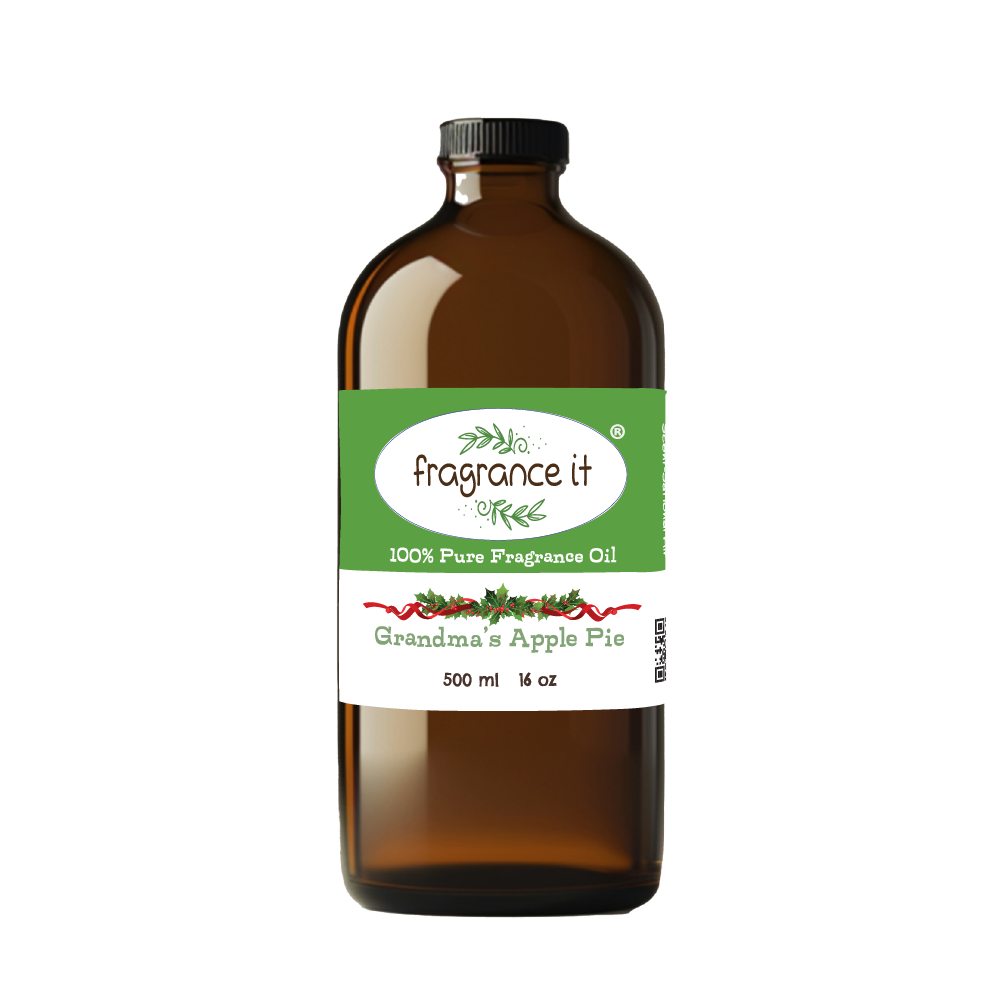 A  16-ounce or 500 milliliter bottle of Fragrance It's holiday themed Grandma's Apple Pie aroma oil.