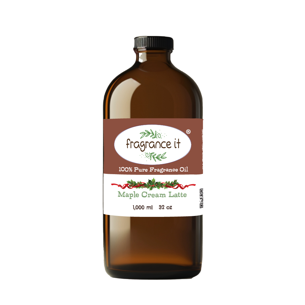  32-ounce or 1000 milliliter bottle of Fragrance It's holiday themed Maple Cream Latte aroma oil.