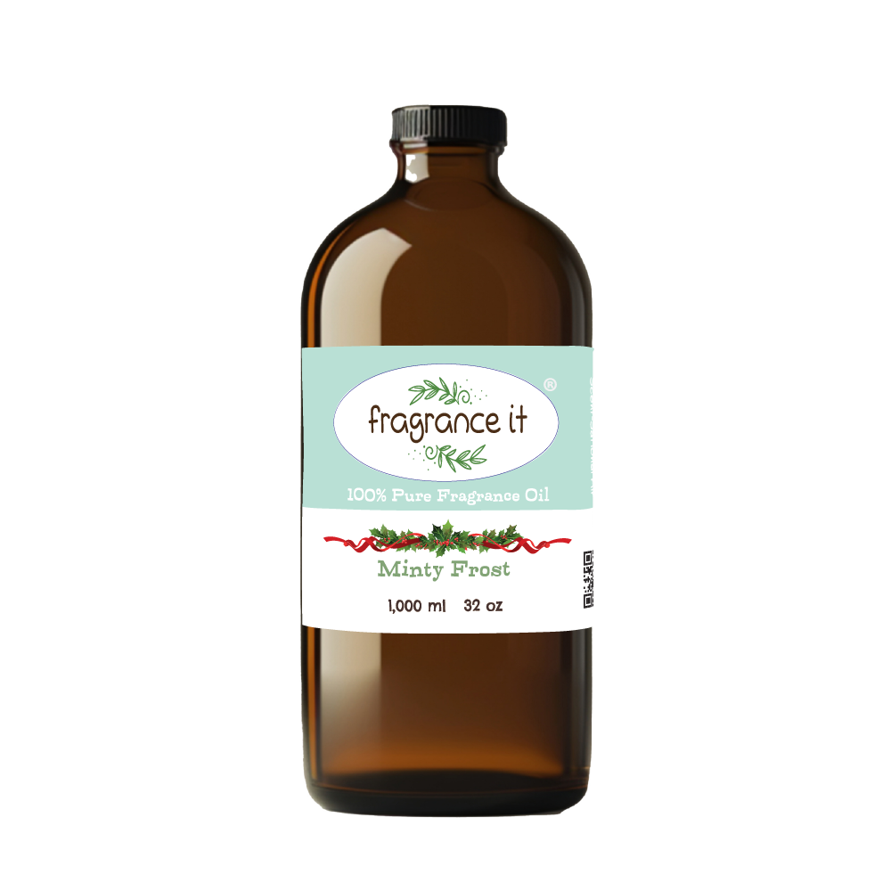 A  32-ounce or 1000 milliliter bottle of Fragrance It's holiday themed Minty Frost aroma oil.