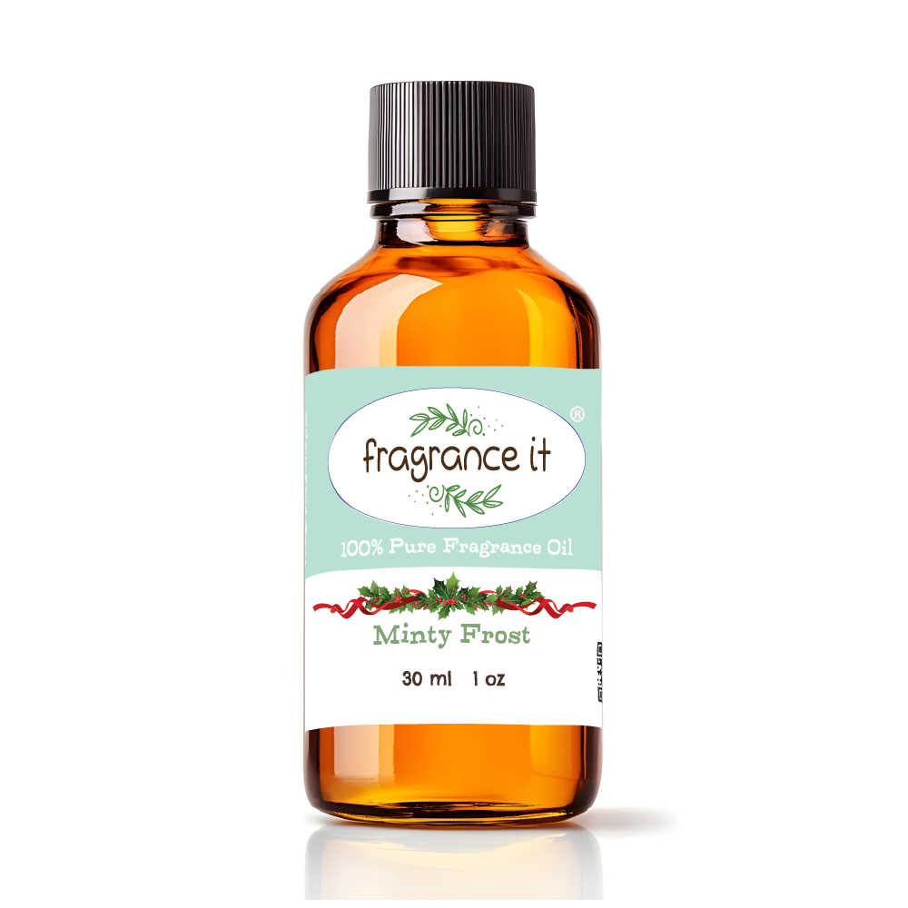 A  1-ounce or 30 milliliter bottle of Fragrance It's holiday themed Minty Frost aroma oil.