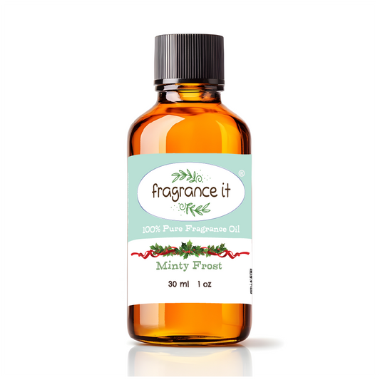 A  1-ounce or 30 milliliter bottle of Fragrance It's holiday themed Minty Frost aroma oil.