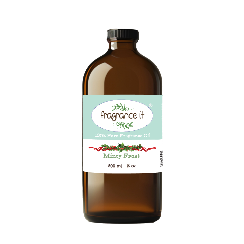 A  16-ounce or 500 milliliter bottle of Fragrance It's holiday themed Minty Frost aroma oil.