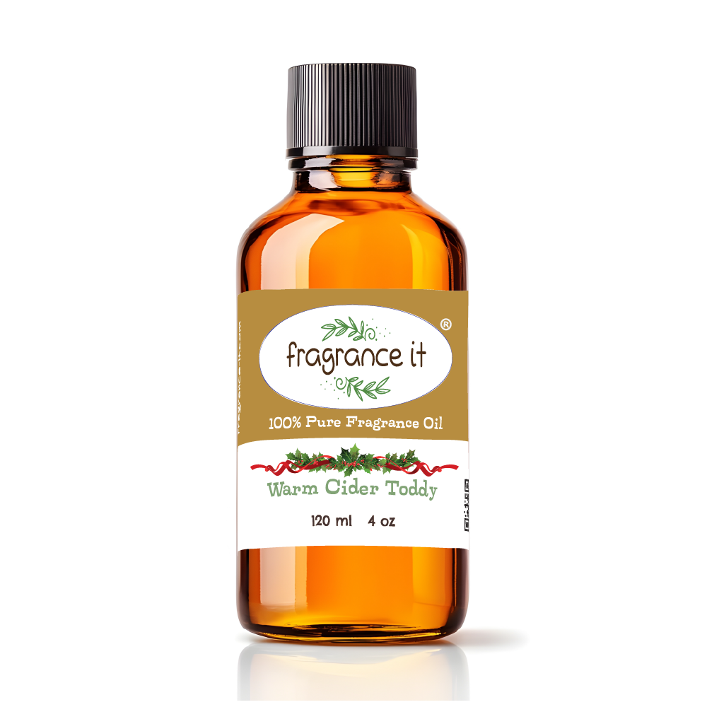 A  4-ounce or 120 milliliter bottle of Fragrance It's holiday themed Warm Cider Toddy aroma oil.