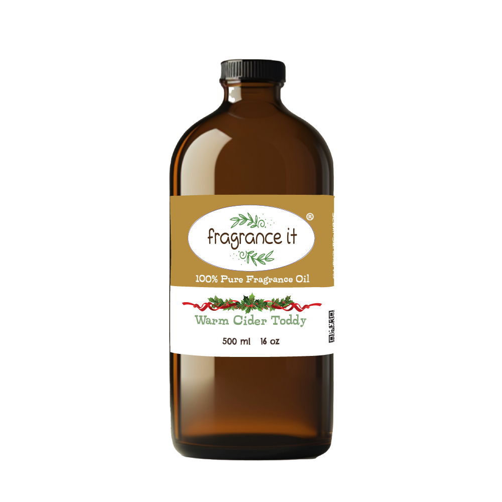 A  16-ounce or 500 milliliter bottle of Fragrance It's holiday themed Warm Cider Toddy aroma oil.